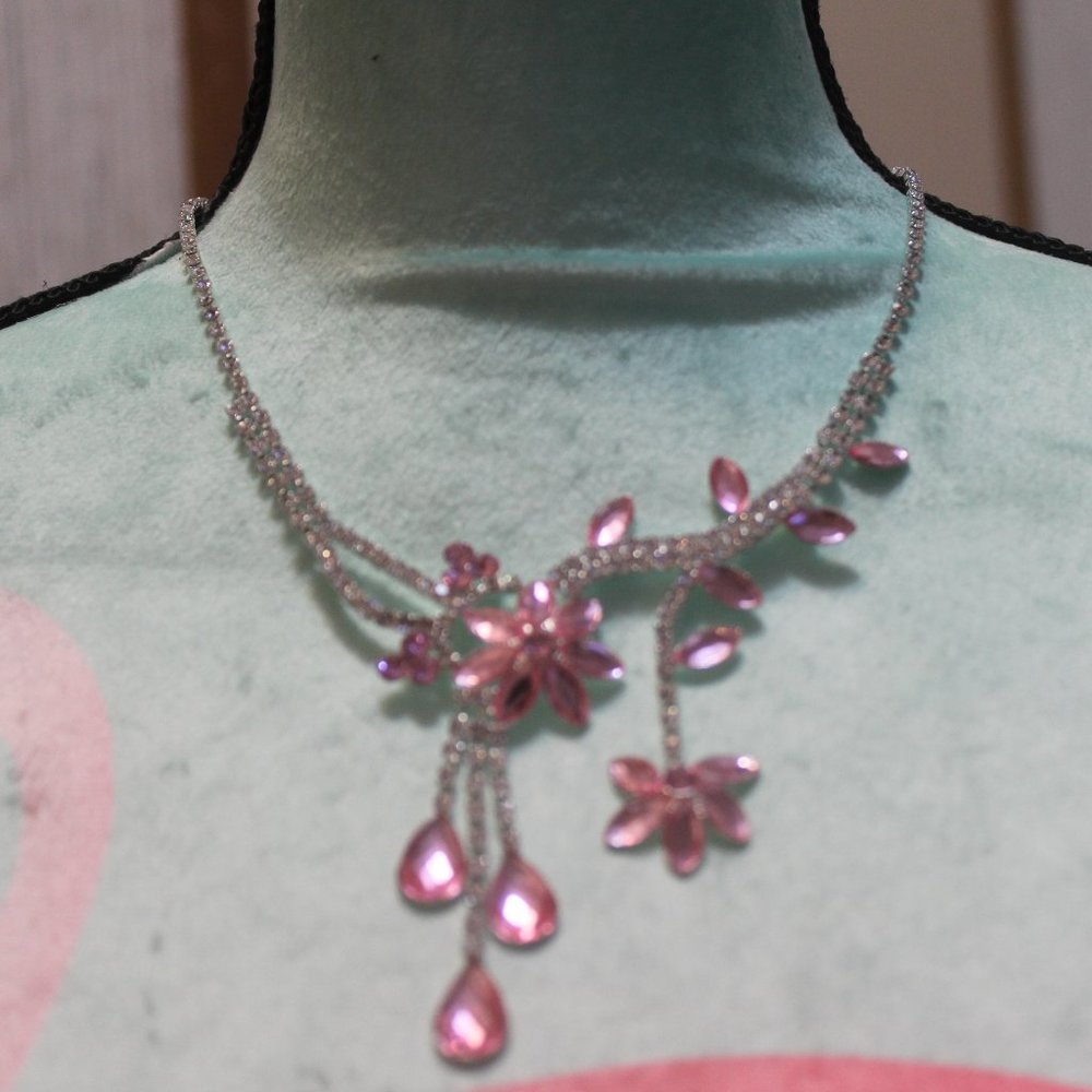 Pink & Clear Rhinestone Flower Necklace